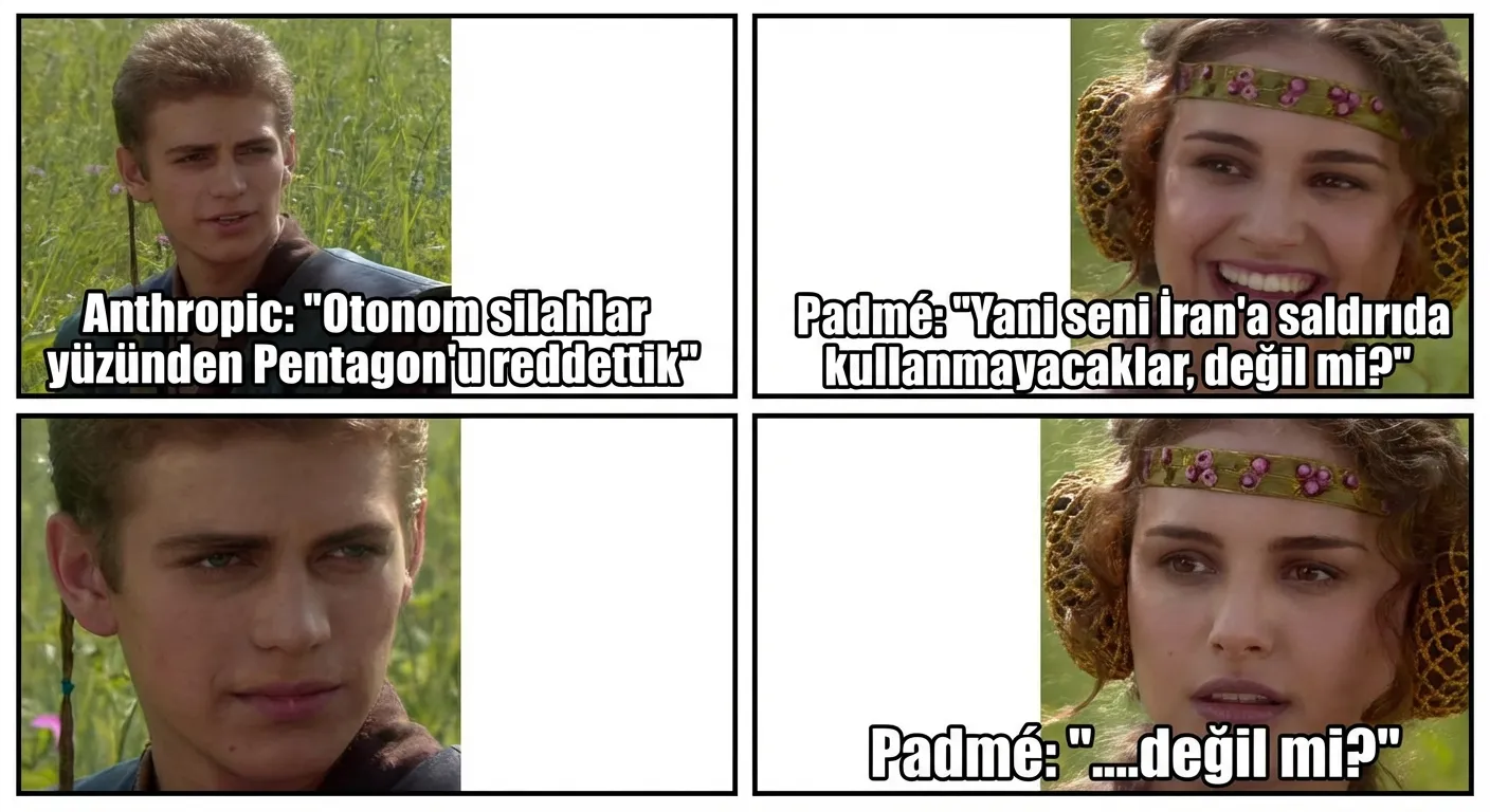 Anakin & Padmé meme — Anthropic Pentagon'u reddediyor — ama Pentagon yine de Claude'u kullanıyor