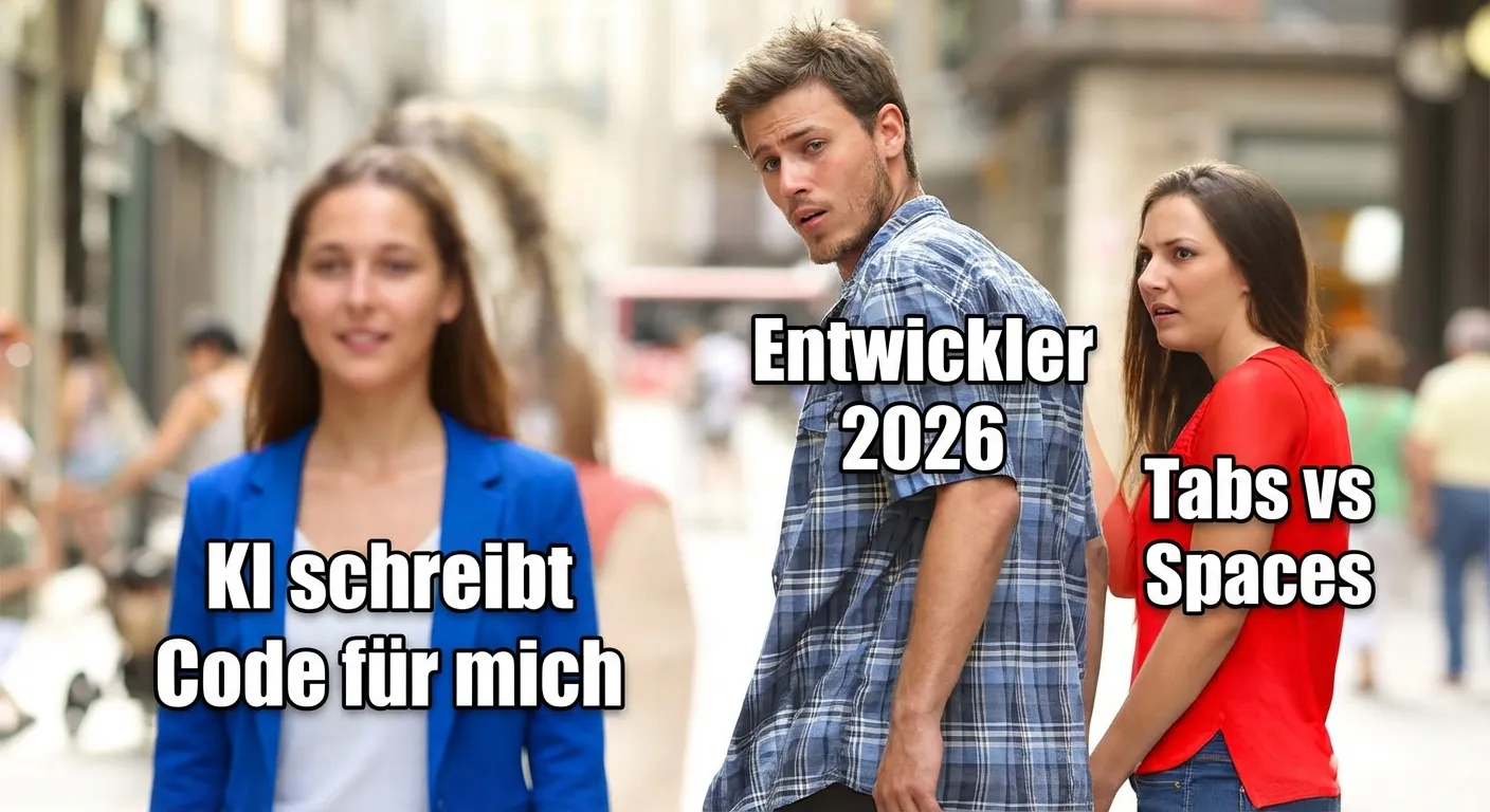 Distracted Boyfriend meme — Entwickler 2026 ignoriert Tabs vs Spaces