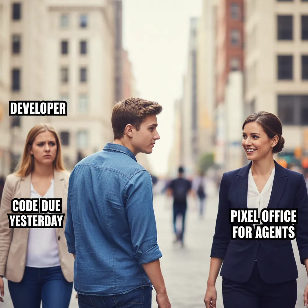 Distracted Boyfriend meme — Developer realizes agent visuals are more exciting than the agents
