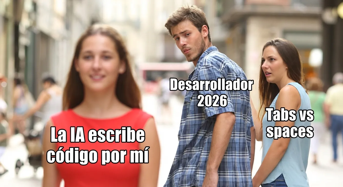 Distracted Boyfriend meme — El desarrollador de 2026 ignora tabs vs spaces