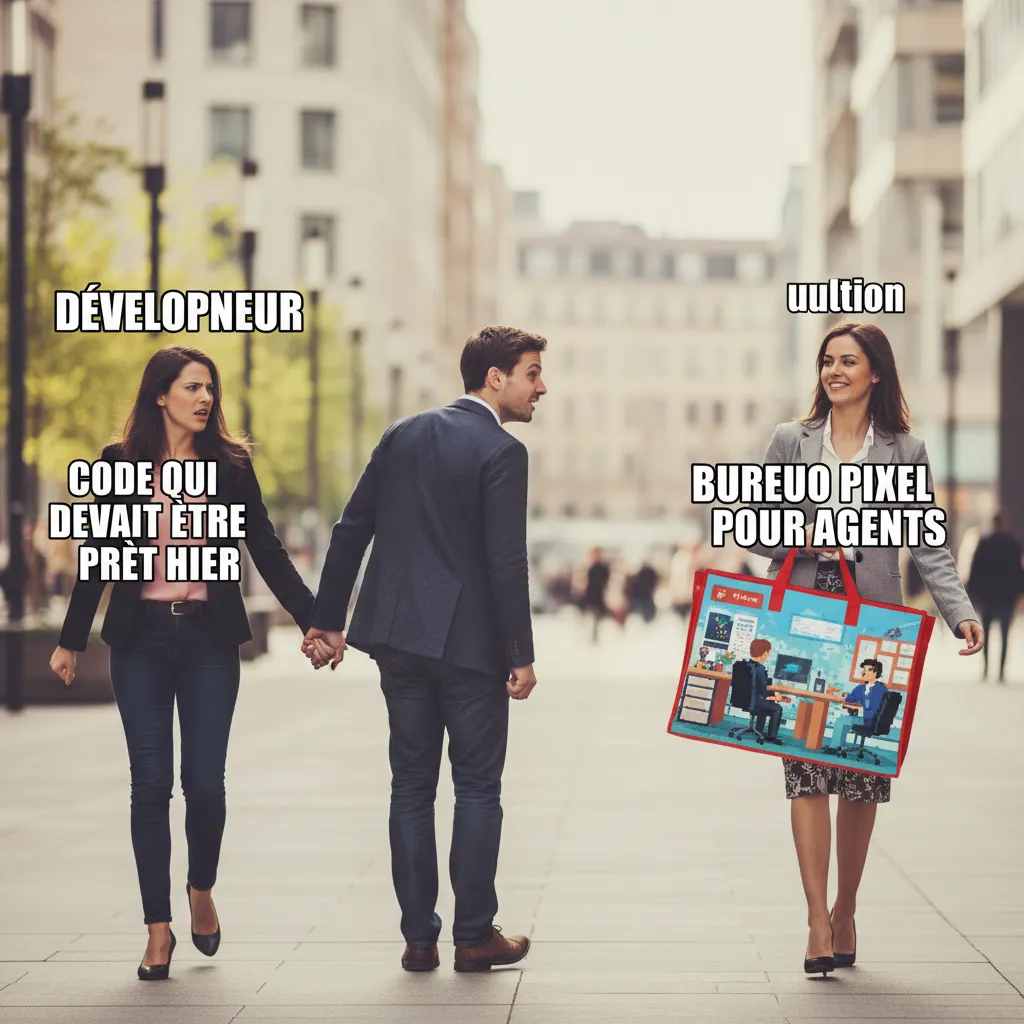 Meme du Petit ami distrait — Le developpeur realise que les visuels d agents sont plus excitants que les agents eux-memes