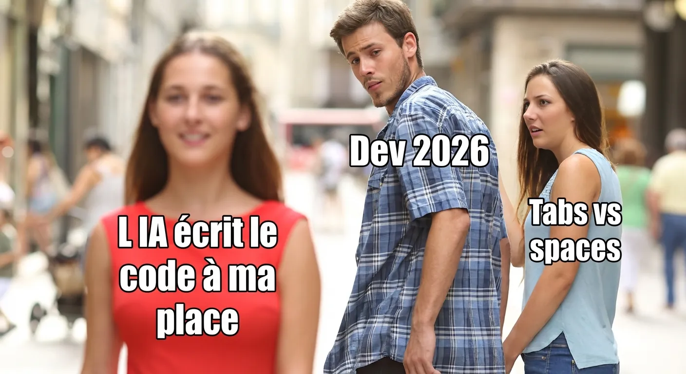Distracted Boyfriend meme — Le dev 2026 ignore tabs vs spaces