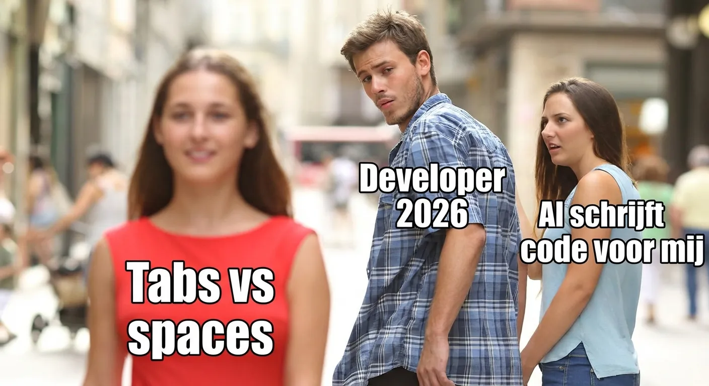 Distracted Boyfriend meme — Developer 2026 negeert tabs vs spaces
