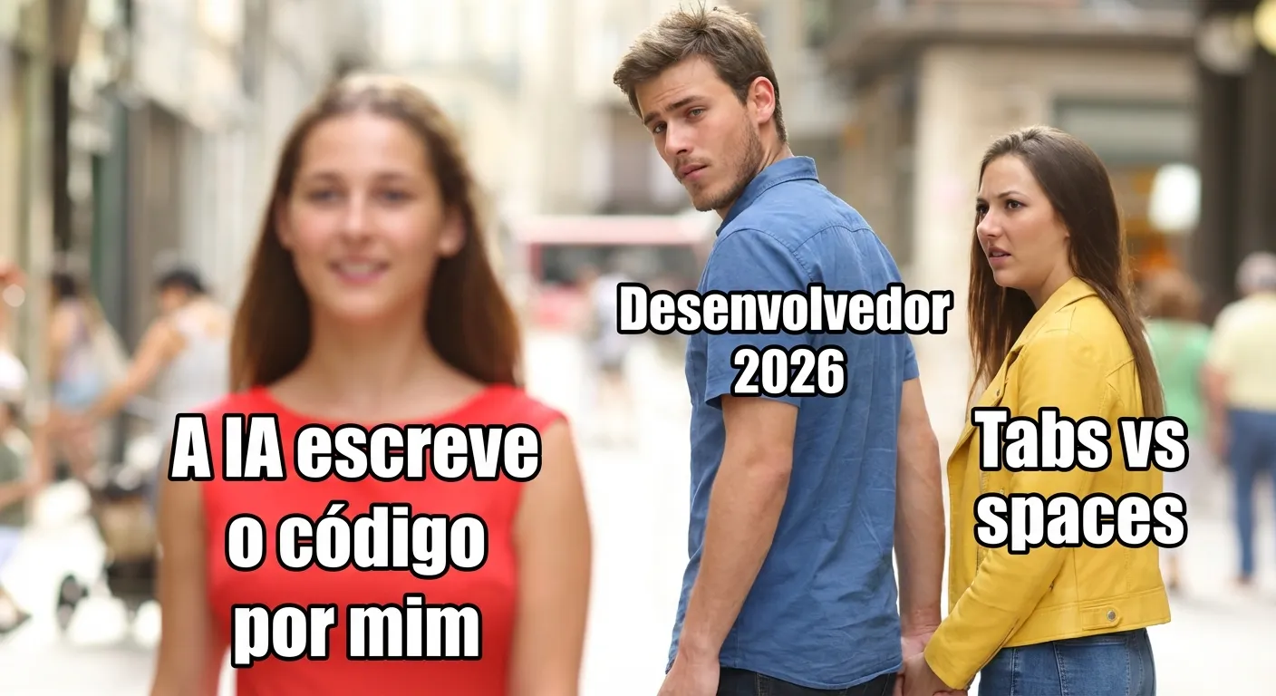 Distracted Boyfriend meme — Desenvolvedor 2026 ignora tabs vs spaces