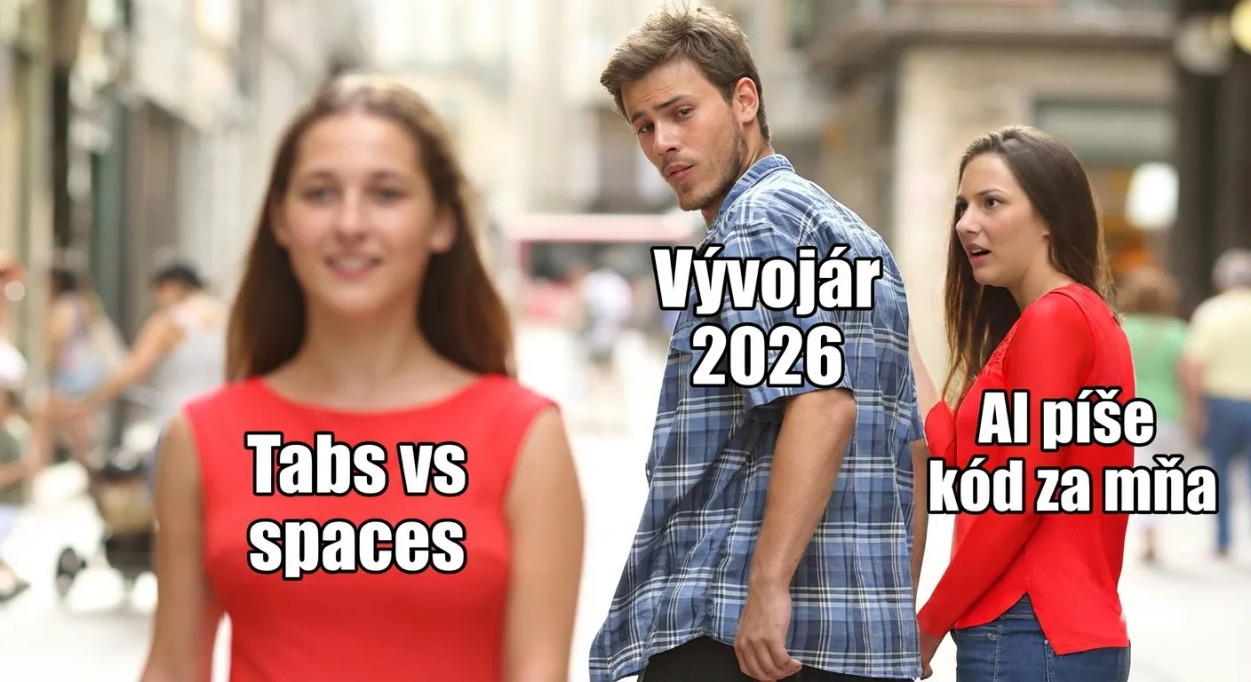 Distracted Boyfriend meme — Vývojár 2026 ignoruje tabs vs spaces