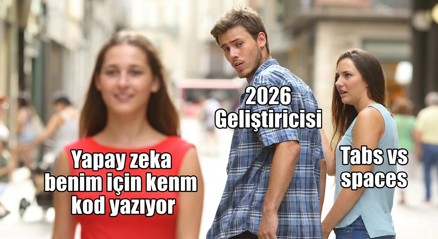 Distracted Boyfriend meme — 2026 geliştiricisi tabs vs spaces'i görmezden geliyor