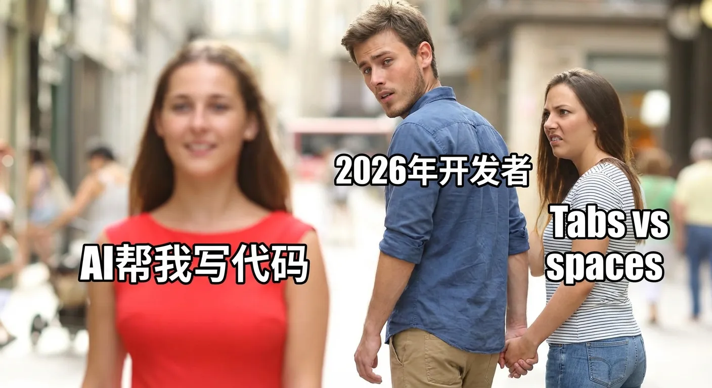 Distracted Boyfriend meme — 2026年的开发者无视tabs vs spaces