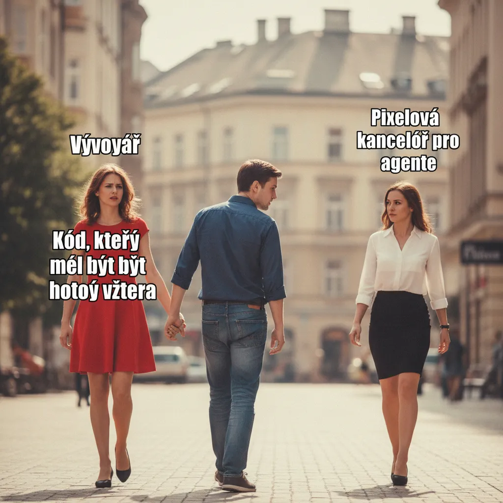 Distracted Boyfriend meme — Vývojář zjišťuje, že vizualizace agentů je zajímavější než agenti samotní