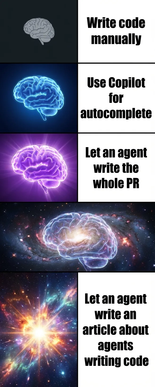 Expanding Brain meme — Evolution of a programmer in 2026