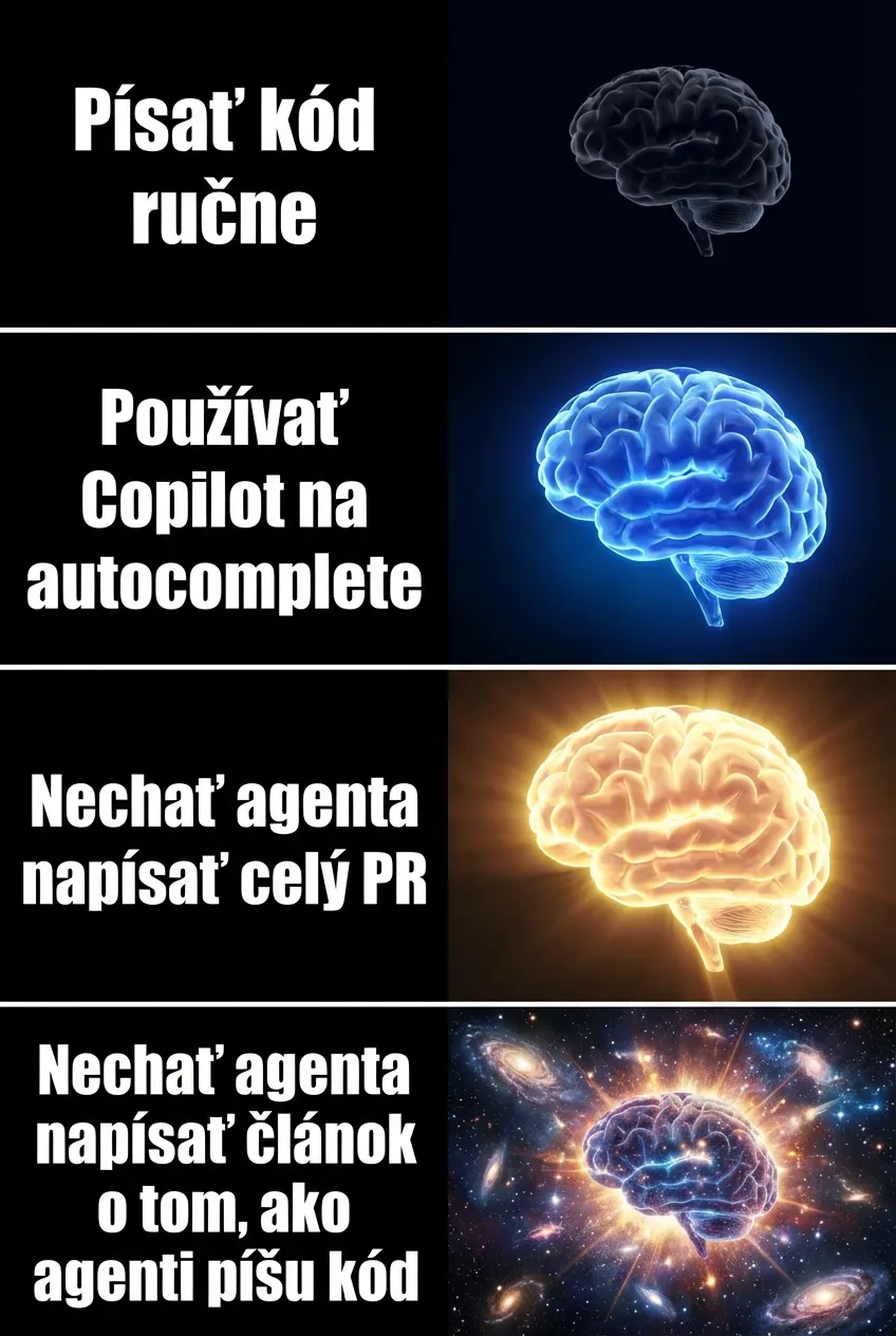 Expanding Brain meme — Evolúcia programátora v roku 2026
