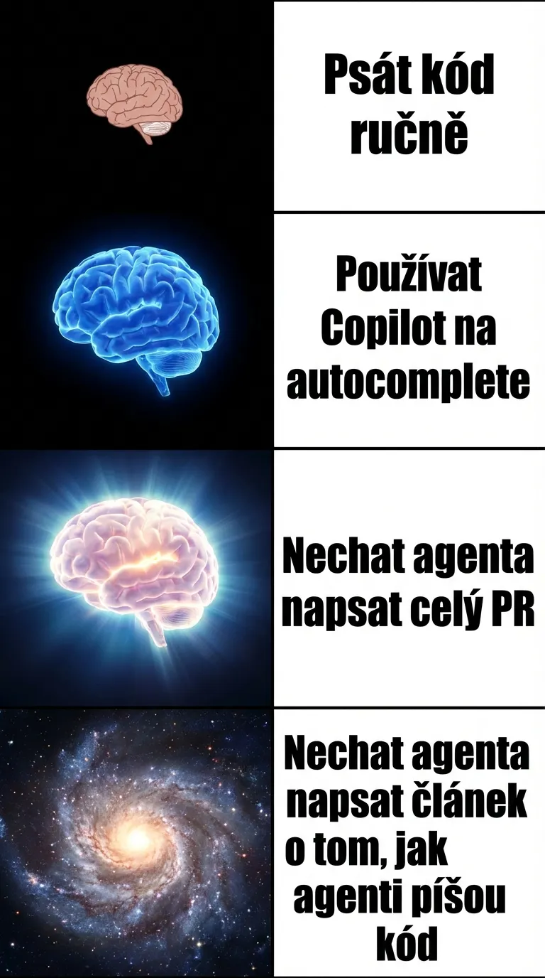 Expanding Brain meme — Evoluce programátora v roce 2026