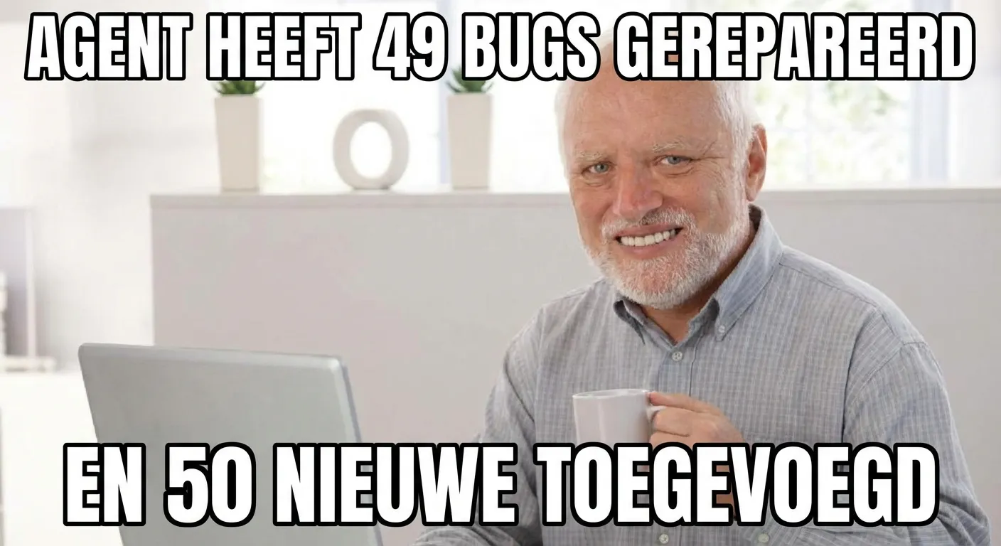 Pain Harold meme: Agent heeft 49 bugs gerepareerd. En 50 nieuwe toegevoegd.