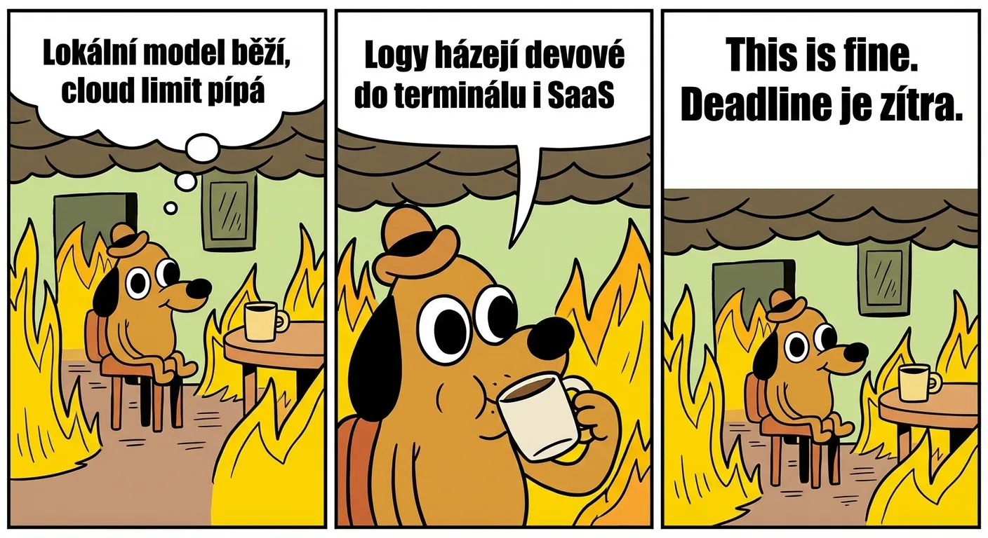 This Is Fine meme — AI provoz v roce 2026