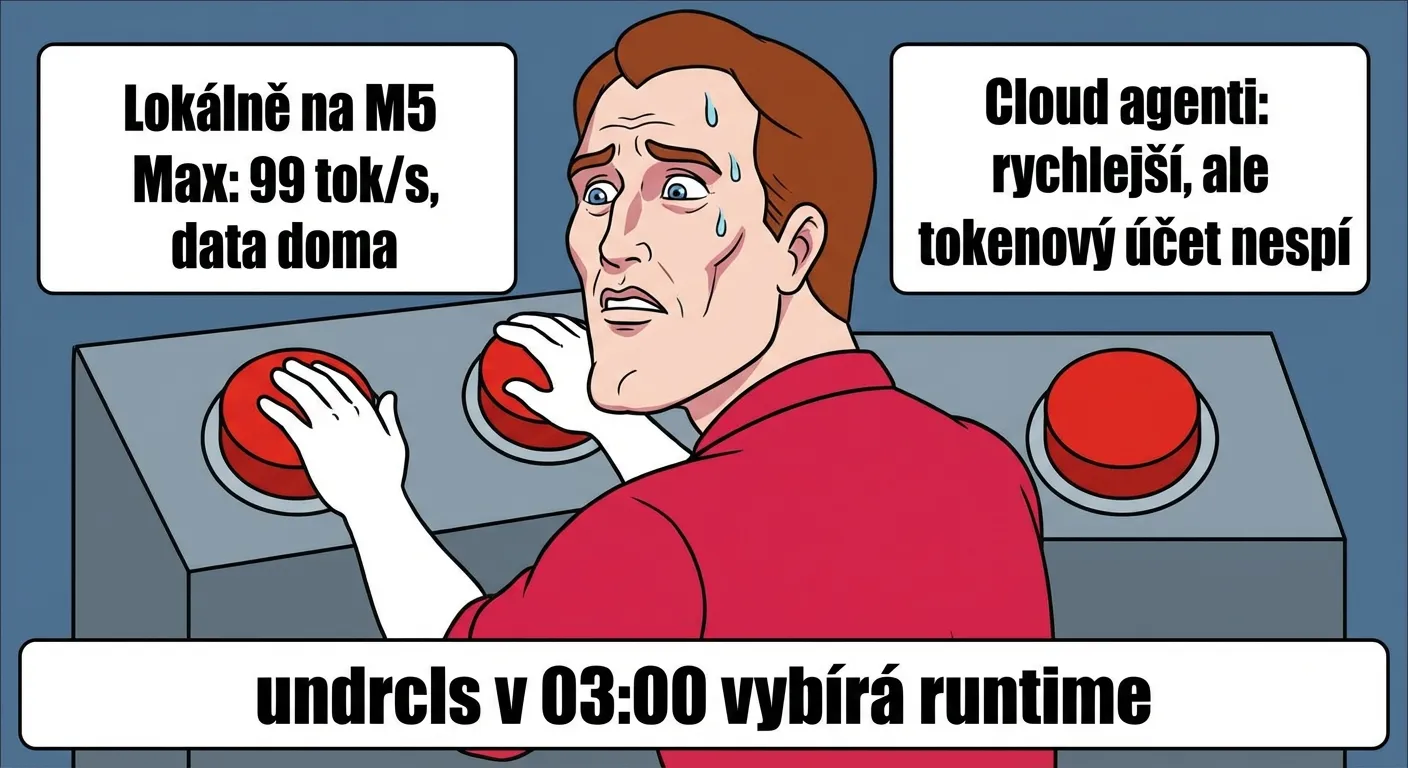 Two Buttons meme — Locally on M5 Max vs. cloud agents, undrcls picks the runtime at 03:00