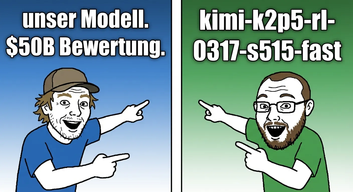 Meme: Cursor und Kimi zeigen auf dasselbe Modell — einer sagt „unser", der andere gratuliert