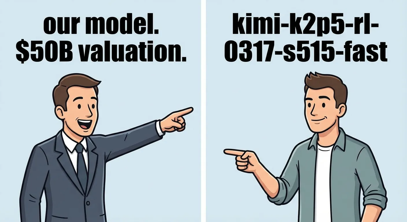 Meme: Cursor and Kimi pointing at the same model — one says "ours", the other congratulates