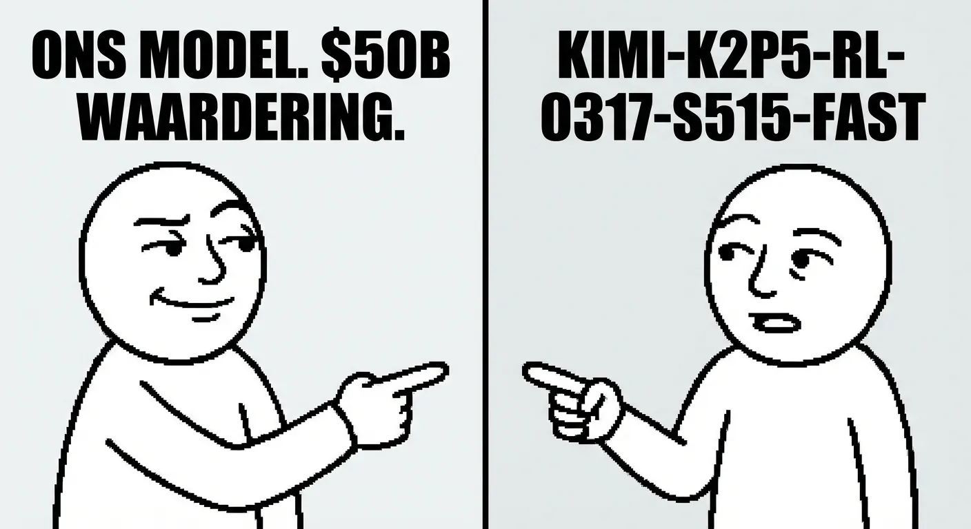 Meme: Cursor en Kimi wijzen naar hetzelfde model — de één zegt 'ons', de ander feliciteert