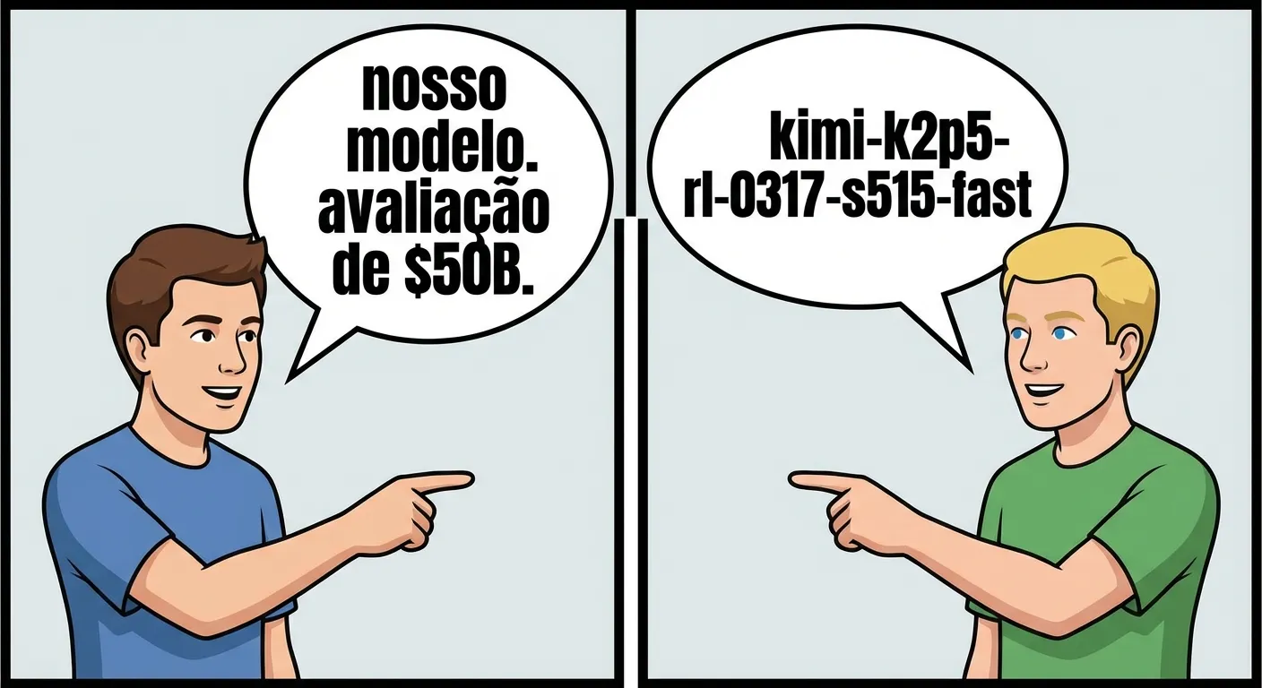 Meme: Cursor e Kimi apontam para o mesmo modelo — um diz "nosso", o outro parabeniza