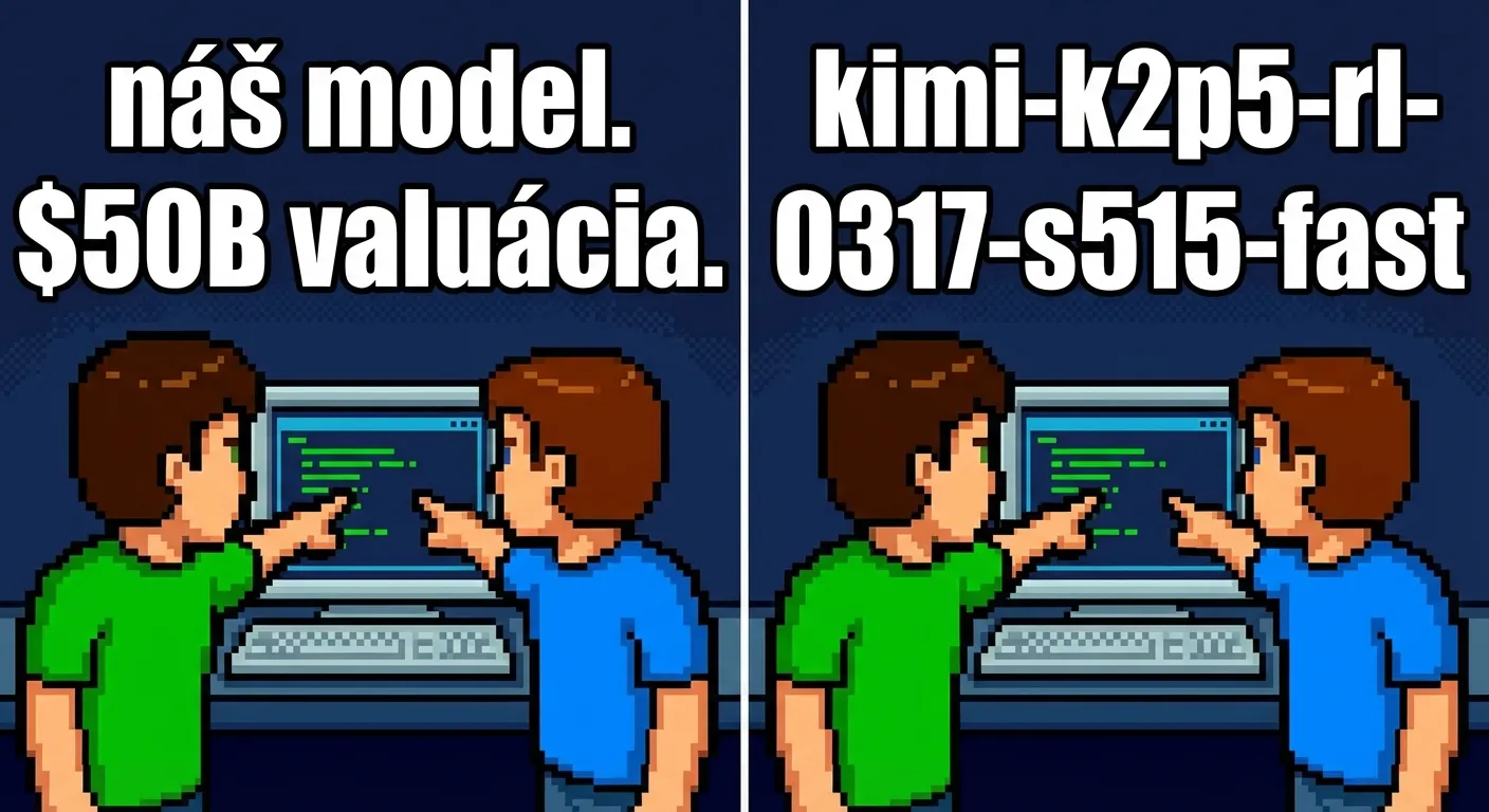 Meme: Cursor a Kimi ukazujú na ten istý model — jeden hovorí „náš", druhý gratuluje