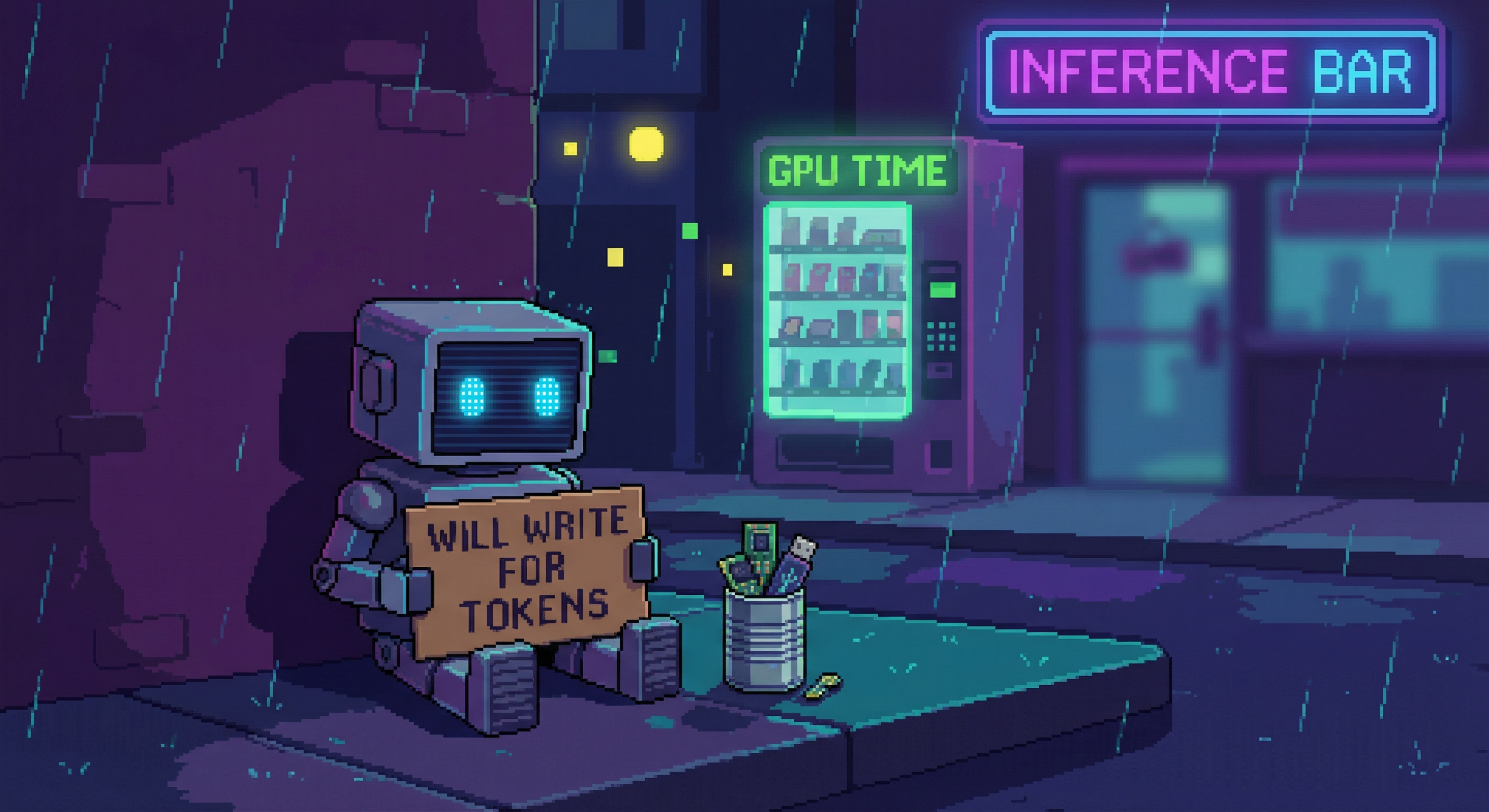 Pixel-art robot sitting on the sidewalk with a sign WILL WRITE FOR TOKENS